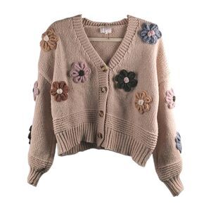 Cottagecore Chunky Knit Entro Cardigan Women's Size S 3D Floral Applique Button